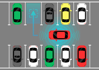 Smart Car with Remote Sensing and Sensor Parking System. Driverless or Autonomous Car. Smart Car Parking Sensor. Vector Illustration.  