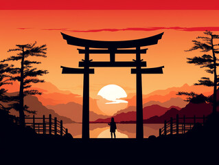 Naklejka premium Torii gate with mountains and sunset made with Generative AI