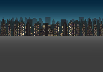 Empty Asphalt Road and City building at Night. Skyscraper. Cityscape. Urban landscape. Metropolis City. Vector Illustration.