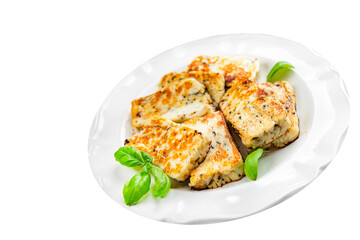 fried cheese halloumi basil meal food snack on the table copy space food background rustic top view