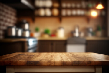 Obraz na płótnie Canvas Table top on defocused kitchen background. Ai generative illustration
