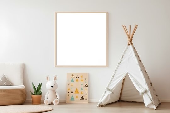 Mock up frame in unisex children room interior background. generative AI