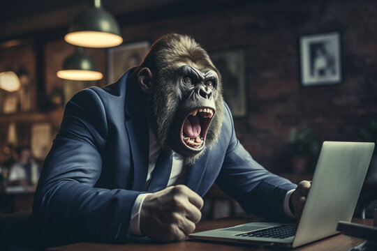 schimpfender, w&uuml;tender Gorilla im Business Anzug vor dem Laptop bei der Arbeit im B&uuml;ro / Home Office. Generative Ai.