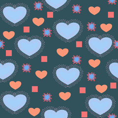 Seamless pattern of blue and orange hearts, squares with a texture stroke on a dark background for textile.