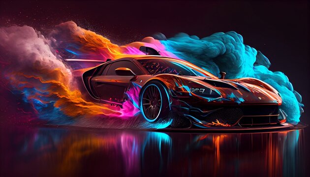 the sports car on the road. Captures the excitement and energy of a car with a fast shutter speed, using bold and vibrant colors. Generative in ai