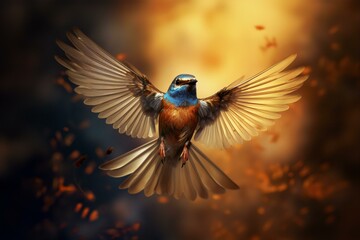 Obraz premium Macro Shot of Flying Bird with Opened Wings, Generative AI