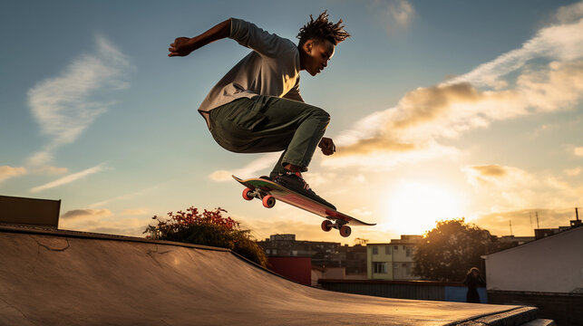 a man on a skateboard, mid - jump in a concrete city skatepark, graffiti walls, late afternoon sun, intense focus