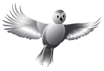 Cartoon monochrome bird spread its wings in flight and sings a song. The bird looks like it's made of paper. Flying bird on transparent background. png