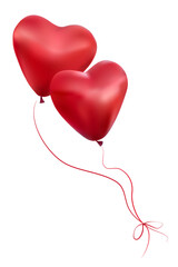 Two red balloons in the form of hearts fly embracing, tied with ropes. Two hearts isolated on transparent  background. Illustration. png