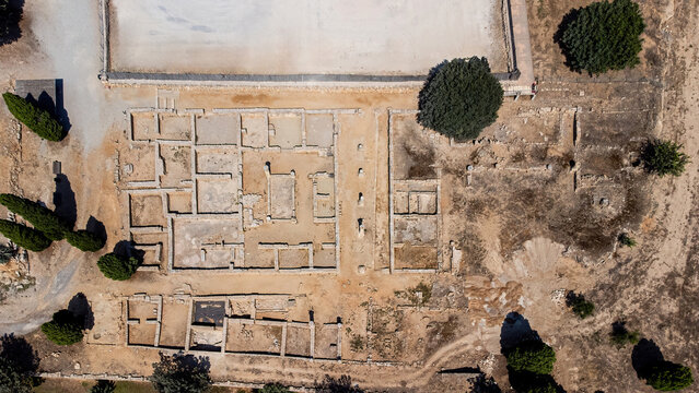 Top aerial view of the remains of the roman city of Pollentia on the Balearic island of Majorca (Spain) in the Mediterranean Sea