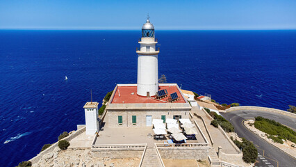 Fototapeta na wymiar Aerial view of the lighthouse of Cape Formentor on the northeastern coast of Majorca in the Balearic Islands, Mediterranean Sea, Spain