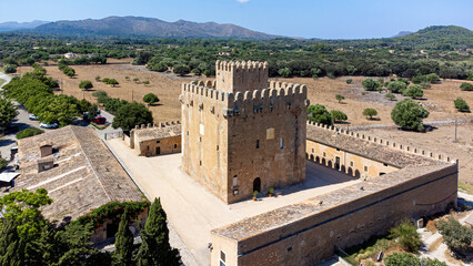 Aerial view of the Torre de Canyamel (Canyamel Tower), a square-based medieval watch tower...