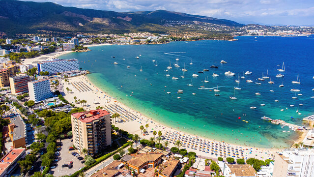 Aerial view of the beach of Son Matias in Magaluf, a seaside resort town on Majorca in the Balearic Islands, Spain