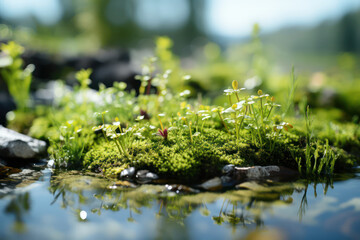 A close-up shot of moss-covered rocks reflecting in a calm river, creating a mirror-like reflection and enhancing the natural beauty 