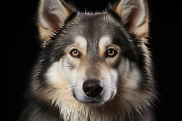A striking portrait of a Siberian Husky with piercing blue eyes, set against a black backdrop, showcasing the dog's captivating gaze and majestic appearance