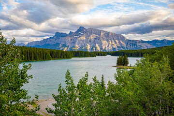 Alberta, Canada, July 16th 2019 - View towards Mt Astley with Lake Minnewanka in between.