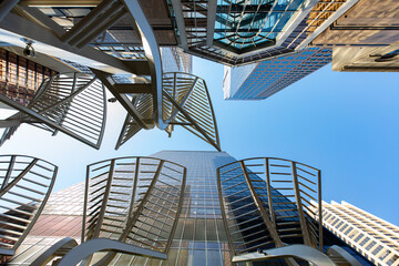 Calgary, Canada, July 23rd 2019 - Downtown Calgary. Bottom up view from ground level up to a...
