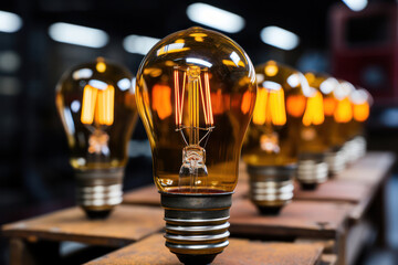 An industrial-themed composition showcasing a group of light bulbs suspended at different heights,...