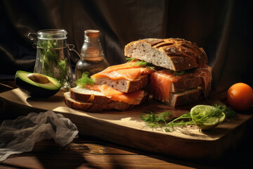 Photorealistic generated image of black bread sandwiches with salted trout
