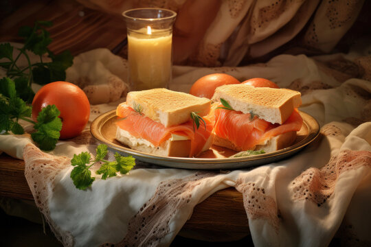 Generated photorealistic image of sandwiches with white bread and salted trout on the table