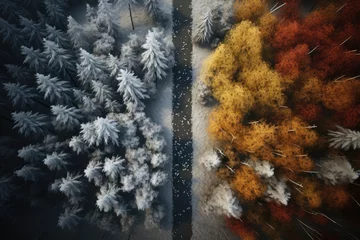 Küchenrückwand glas motiv Landscape half autumn-half winter. the concept of changing seasons. Aerial view of a highway road through the forest © Irina Mikhailichenko