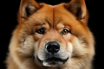 A gentle portrait of a fluffy Chow Chow with a dark coat against a black background, showcasing the dog's regal demeanor and soft fur