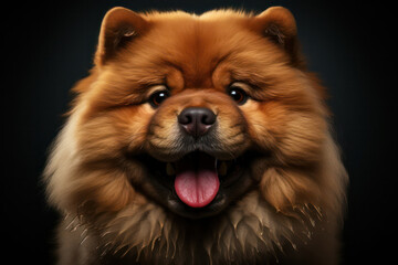 A gentle portrait of a fluffy Chow Chow with a dark coat against a black background, showcasing the dog's regal demeanor and soft fur