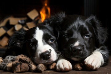 A heartwarming portrait of a guinea pig and a black dog cuddling under a warm blanket by the fireplace, with their eyes closed and expressions of contentment, exemplifying their cozy companionship and
