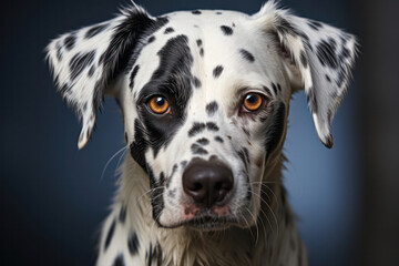 A tender portrait of a loyal Dalmatian against a black backdrop, showcasing the dog's unique spots and attentive expression