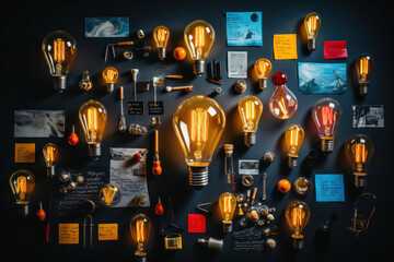 A composition featuring a light bulb surrounded by scattered pieces of paper with handwritten notes, representing the process of ideation and brainstorming