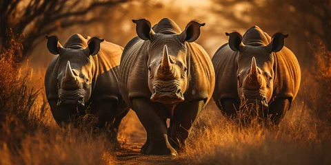 Zelfklevend Fotobehang three big african rhinos in the sunset, big five wildlife safari © CROCOTHERY