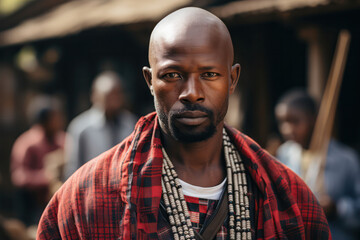 Fototapeta premium A person observing a traditional Maasai warrior ceremony in the Maasai Mara, Kenya, with rhythmic dances, vibrant attire, and a deep connection to their ancestral traditions