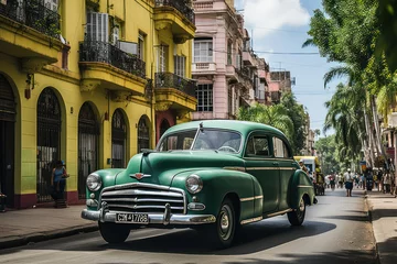 Fototapeten A person exploring the vibrant streets of Havana, Cuba, with colorful vintage cars, historic architecture, and lively music resonating from every corner, capturing the essence of Cuban culture   ACTOR © Matthias