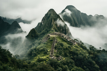 A majestic shot of the ancient ruins of Machu Picchu in Peru, shrouded in mist, with the rugged Andes Mountains as a backdrop, revealing the awe-inspiring remnants of an ancient civilization   ACTORS: