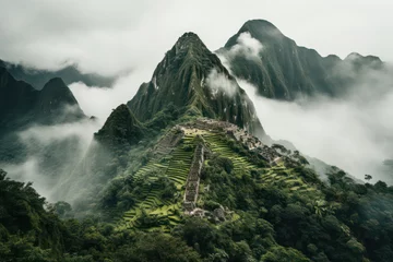 Fotobehang A majestic shot of the ancient ruins of Machu Picchu in Peru, shrouded in mist, with the rugged Andes Mountains as a backdrop, revealing the awe-inspiring remnants of an ancient civilization   ACTORS: © Matthias