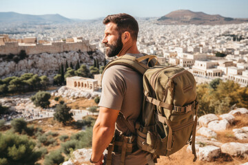 A person exploring the ancient city of Athens, Greece, walking along the marbled paths of the Acropolis, with iconic structures such as the Parthenon towering above   ACTORS: Person   LOCATION TYPE: A