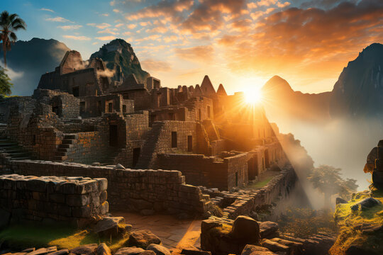 A majestic shot of the ancient ruins of Machu Picchu in Peru, shrouded in mist, with the rugged Andes Mountains as a backdrop, revealing the awe-inspiring remnants of an ancient civilization | ACTORS: