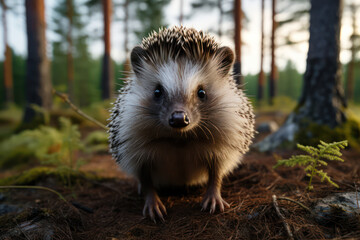 A close-up shot of a curious hedgehog exploring the forest floor, its quills and adorable face capturing the essence of this unique creature | ACTORS: Hedgehog | LOCATION TYPE: Forest | CAMERA MODEL: