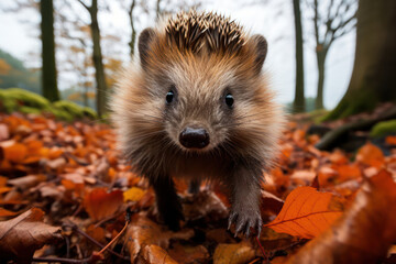 Naklejka premium A hedgehog investigating a fallen acorn in the forest, its adorable expression and keen interest capturing the curiosity of this endearing creature | ACTORS: Hedgehog | LOCATION TYPE: Forest | CAMERA