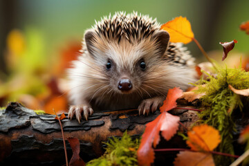 Naklejka premium A hedgehog energetically foraging for food in the forest, its movements and quick steps showcasing its agile nature and resourcefulness | ACTORS: Hedgehog | LOCATION TYPE: Forest | CAMERA MODEL: Canon