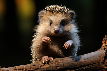 A hedgehog standing on its hind legs, its inquisitive expression directed towards a buzzing bee, capturing a moment of curiosity and wildlife interaction | ACTORS: Hedgehog | LOCATION TYPE: Forest | C