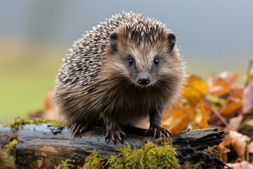 A hedgehog standing on its hind legs, its inquisitive expression directed towards a buzzing bee, capturing a moment of curiosity and wildlife interaction | ACTORS: Hedgehog | LOCATION TYPE: Forest | C