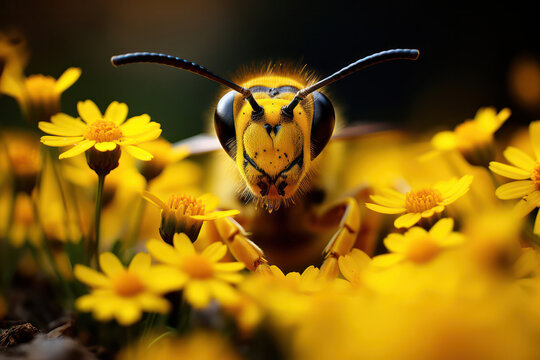 A close-up portrait of a bumblebee on a blossom, its intricate eyes and fuzzy face revealing the unique beauty and personality of these beloved garden visitors | ACTORS: Bumblebee | LOCATION TYPE: Mea