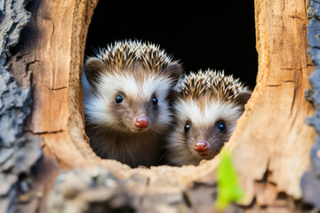 Two hedgehogs cuddled together in a cozy nest amidst the forest, demonstrating their instinctual need for companionship and warmth   ACTORS: Hedgehogs   LOCATION TYPE: Forest   CAMERA MODEL: Nikon D85