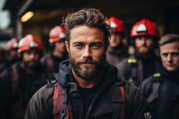 firefighters at the fire station Confident firefighters stand with arms crossed. Looking at the camera with the team behind