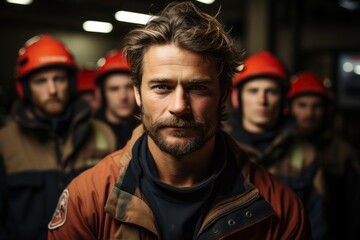 Fototapeta premium firefighters at the fire station Confident firefighters stand with arms crossed. Looking at the camera with the team behind