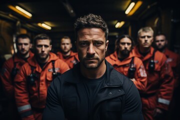 Obraz premium firefighters at the fire station Confident firefighters stand with arms crossed. Looking at the camera with the team behind