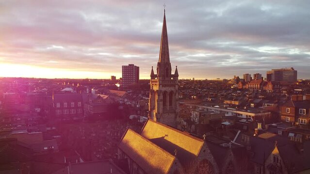 London Church View Sunset - drone video