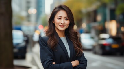 Young smiling professional asian woman standing outdoor on street arms crossed and looking at camera