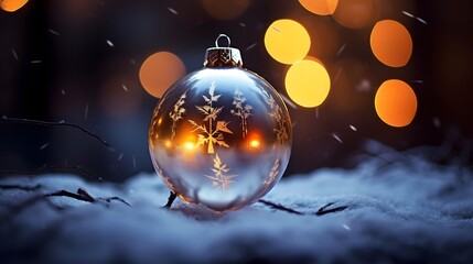 Christmas glass ball on snow with bokeh background. 3D rendering.